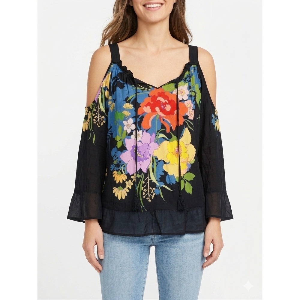 Johnny Was Boho Floral Cold Shoulder Blouse Bell Sleeve Split Neck Tassel Top L